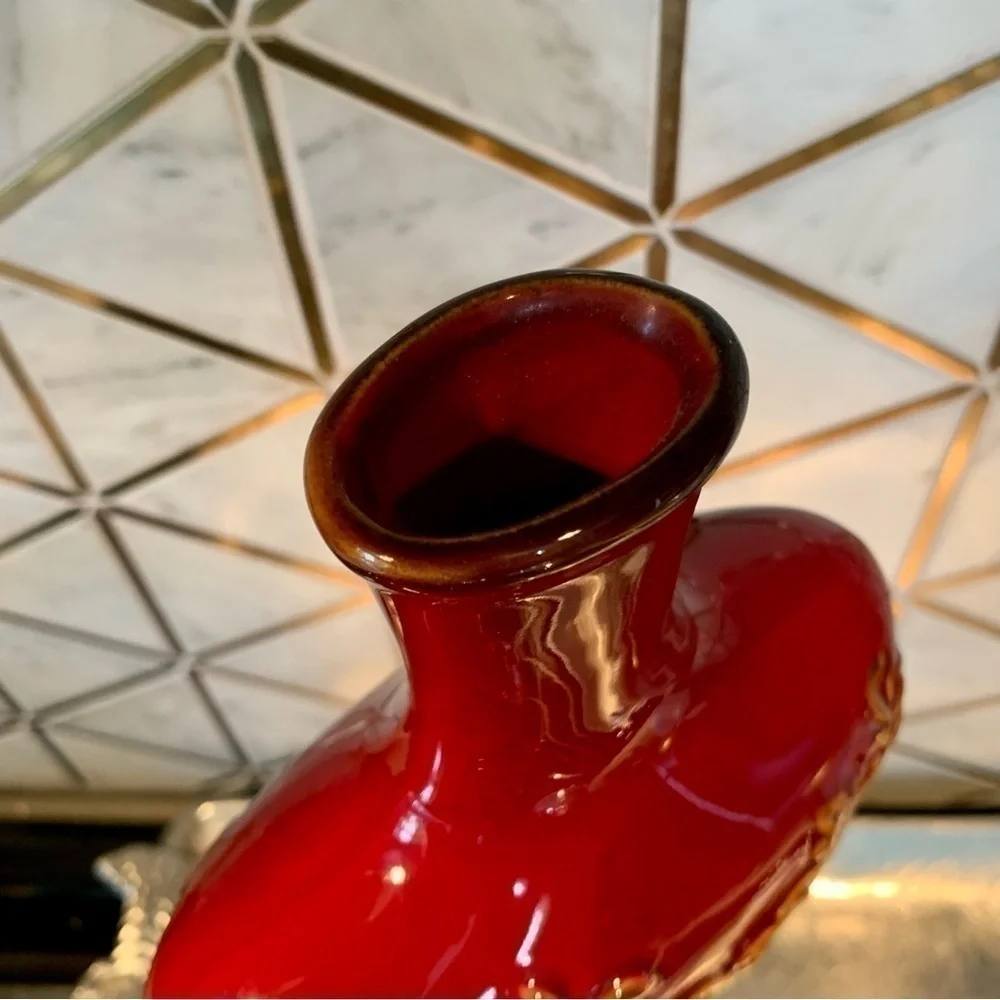 Oxblood Red Ceramic Glazed Vase Embossed Detail Oriental Asian Medium Curvy